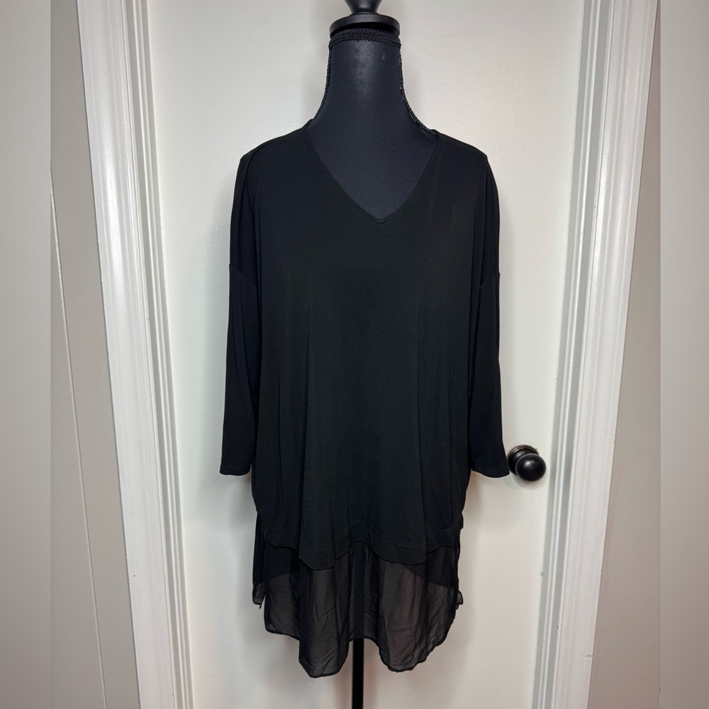 Eileen Fisher Black Layered V-Neck Tunic Stretch Jersey Knit Fabric Size Large
